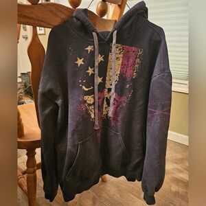 L Black Hoodie with Distressed Flag Design